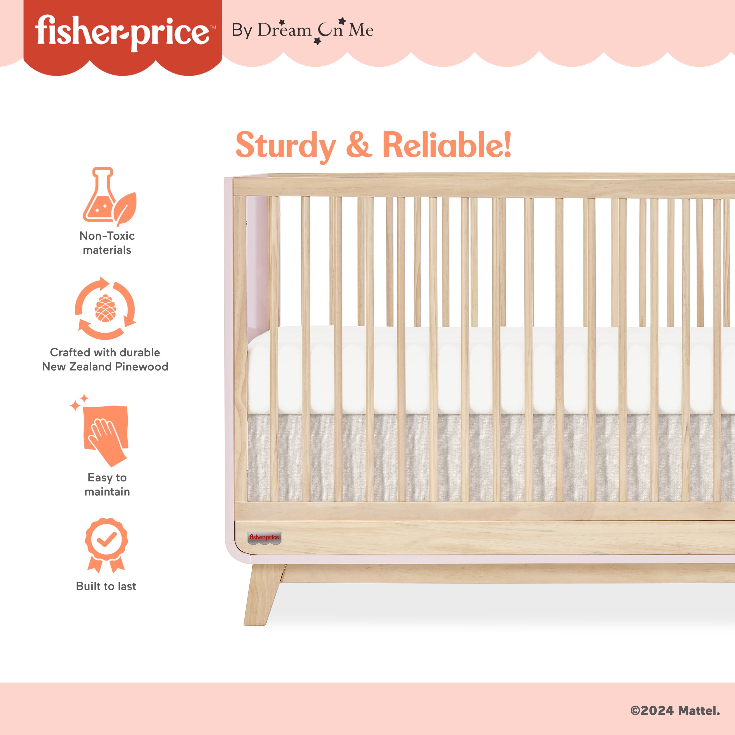 Fisher Price Siesta 3-in-1 Convertible Crib by Dream On Me, Blush Pink