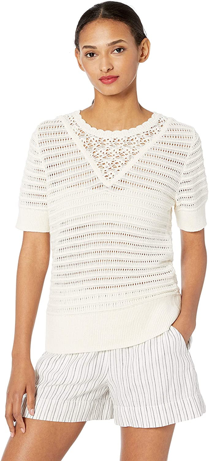 Lucky Brand Women's Short Sleeve Crochet Sweater, Antique White, M ...