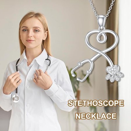 SISGEM Stethoscope Necklace 925 Sterling Silver Flower/Veterinarian/Paw Print Pendant Necklace White Coat Ceremony Graduation Gifts for Nurse Doctor RN Medical Student