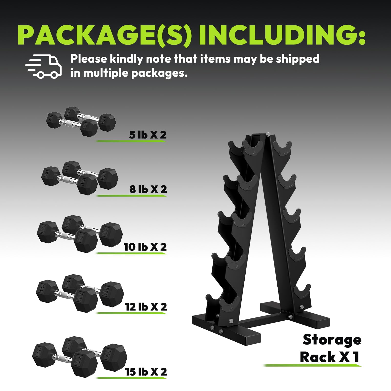 HANDBODE 100 lb Dumbbell Set Rubber Encased Hex Dumbbell Free Weights Dumbbells Set Home Weight Set with Rack 5 * 2 / 8 * 2 / 10 * 2 / 12 * 2 / 15 * 2