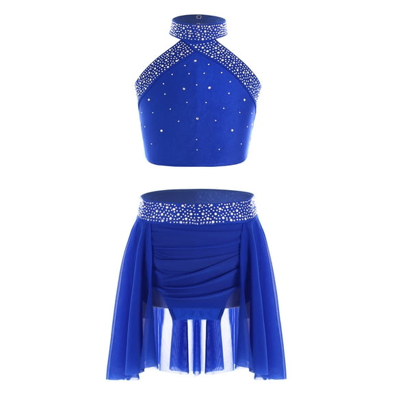 Doomiva Kids Girls 2 Piece Lyrical Latin Jazz Dance Outfit Sparkly Rhinestone Crop Top with Irregular Hem Skirts Set Blue 12