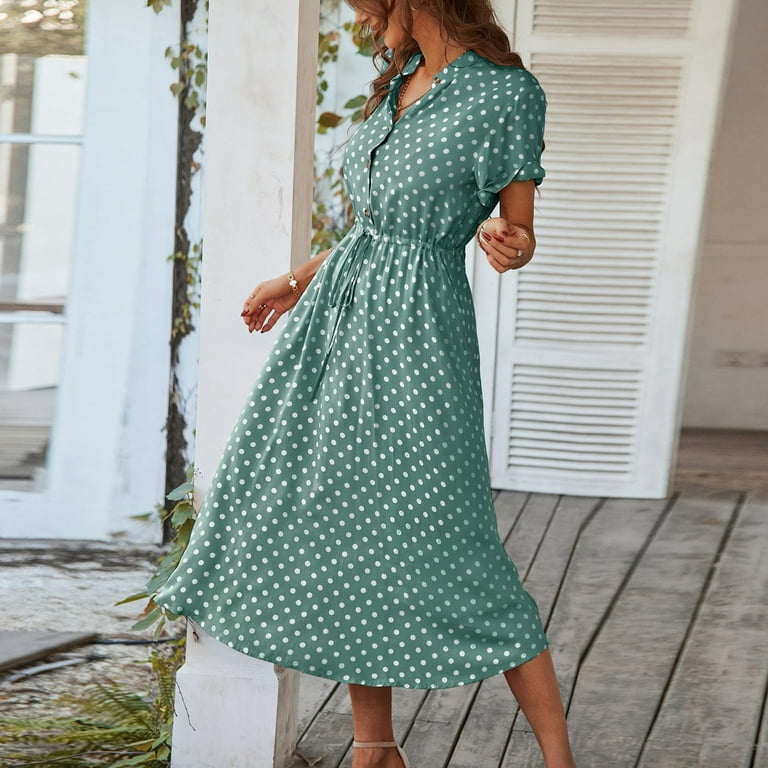 Uocefik Women's Button Front Drawstring High Waist Short Sleeve A Line Midi Dress Dark Green XXL
