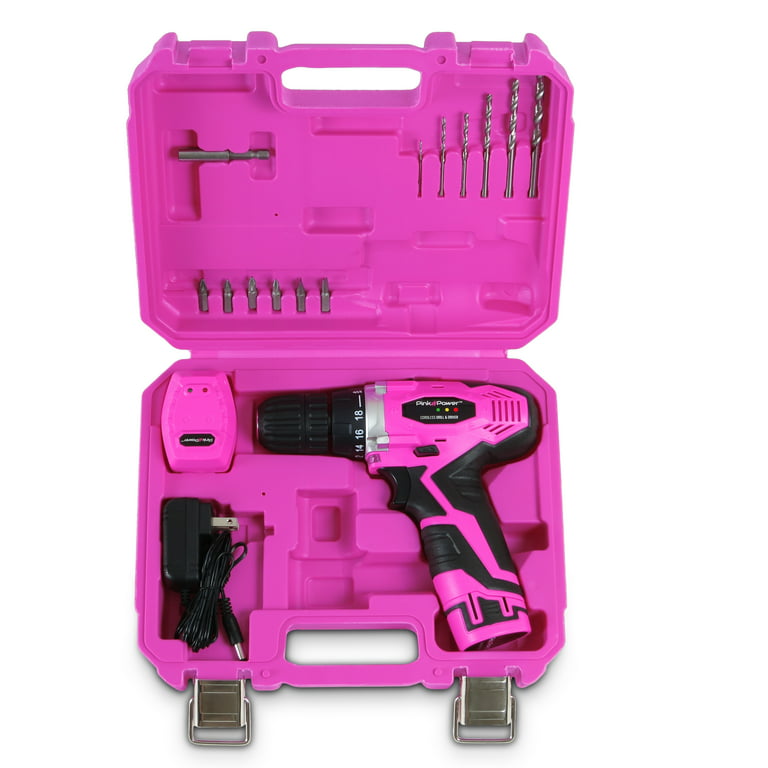 Pink Power Drill Set for Women 18V Pink Cordless Drill Driver Tool Kit for  Women Electric Drill, Power Drill Set with Tool Case, Battery, Charger 