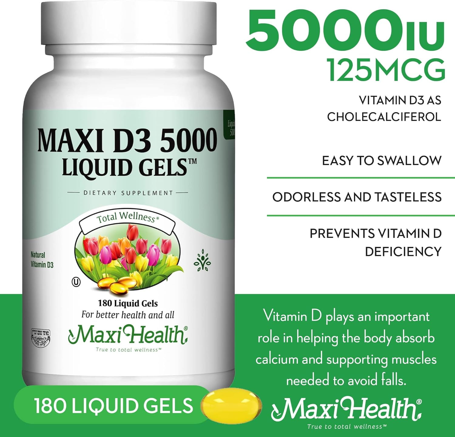 Maxi Health Vitamin D3 5000 IU – 125 mcg Softgels – Immune & Bone Support Supplement – 180 Count