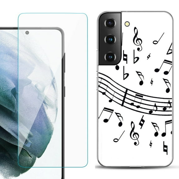 Slim-Fit TPU Fashion Phone Case for Samsung Galaxy S22 5G, with Tempered Glass Screen Protector, by OneToughShield ® - Music Notes / White
