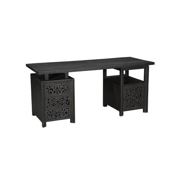 Taran Designs Fillian 3-drawer 1-door Floral Carved Solid Wood Desk in Black