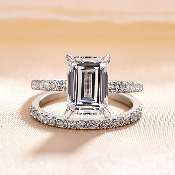 Kalapi Jewel 1.7 Ct Moissanite Engagement Ring Set for Women's - Exquisite Emerald Cut Ring Set - 14K White Gold Plated Ring Set - Beautiful Gift for Engagement or Birthday Celebration