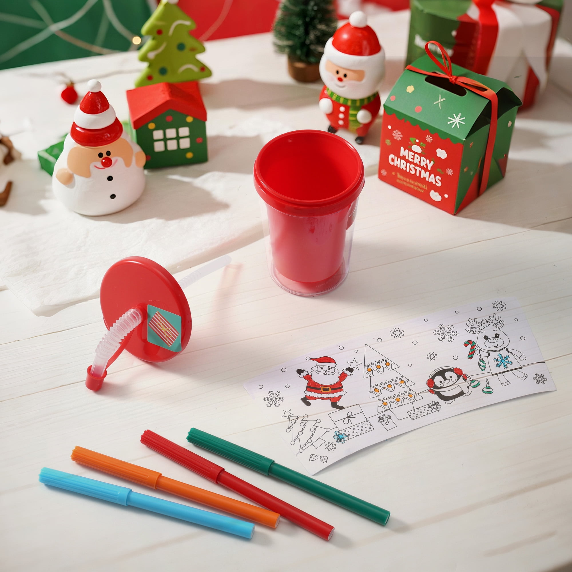 6CT DIY  Red Paint Straw Tumbler, Novelty, with Stickers and Four Markers, Holiday Time, DIY paint set