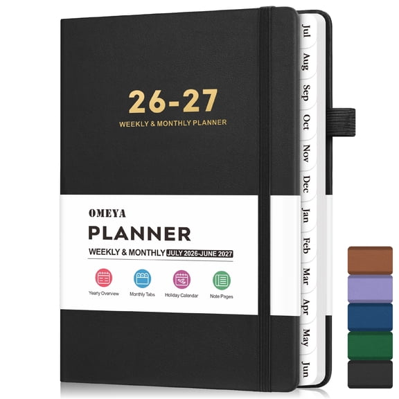 OMEYA Planner 2026 2027, A5 Leather Weekly & Monthly Planner, 12-Month Jul.26-Jun.27, Premium Calendar Planner for Professionals, Inner Pockets, Monthly Tabs, Efficient Time & Goal Planning