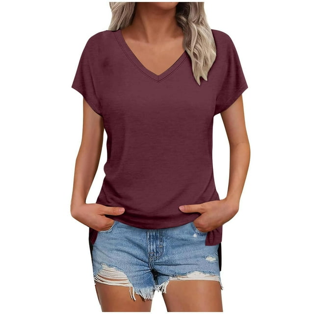 Timegard Top for Women V Neck Drop Shoulder Side Split Solid Color Comfy Casual Basic Tee Shirts Summer