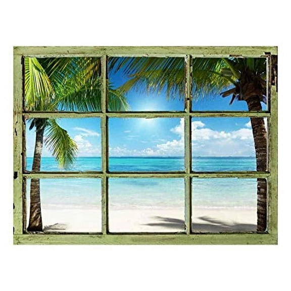 Window View Wall Mural - Clear Tropical Ocean and Palm Trees - Vintage Style Wall Decor - Peel and Stick Adhesive Vinyl Material - 36x48 inches