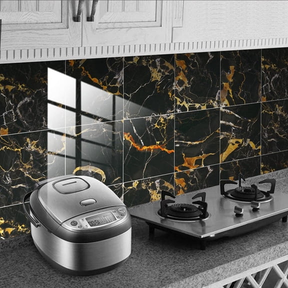 Marble Decorative Adhesive Tile Stickers for Bathroom and Kitchen Tile Stickers,Waterproof Self-Adhesive Decoration A M,10 x wall stickers,Black&Gold