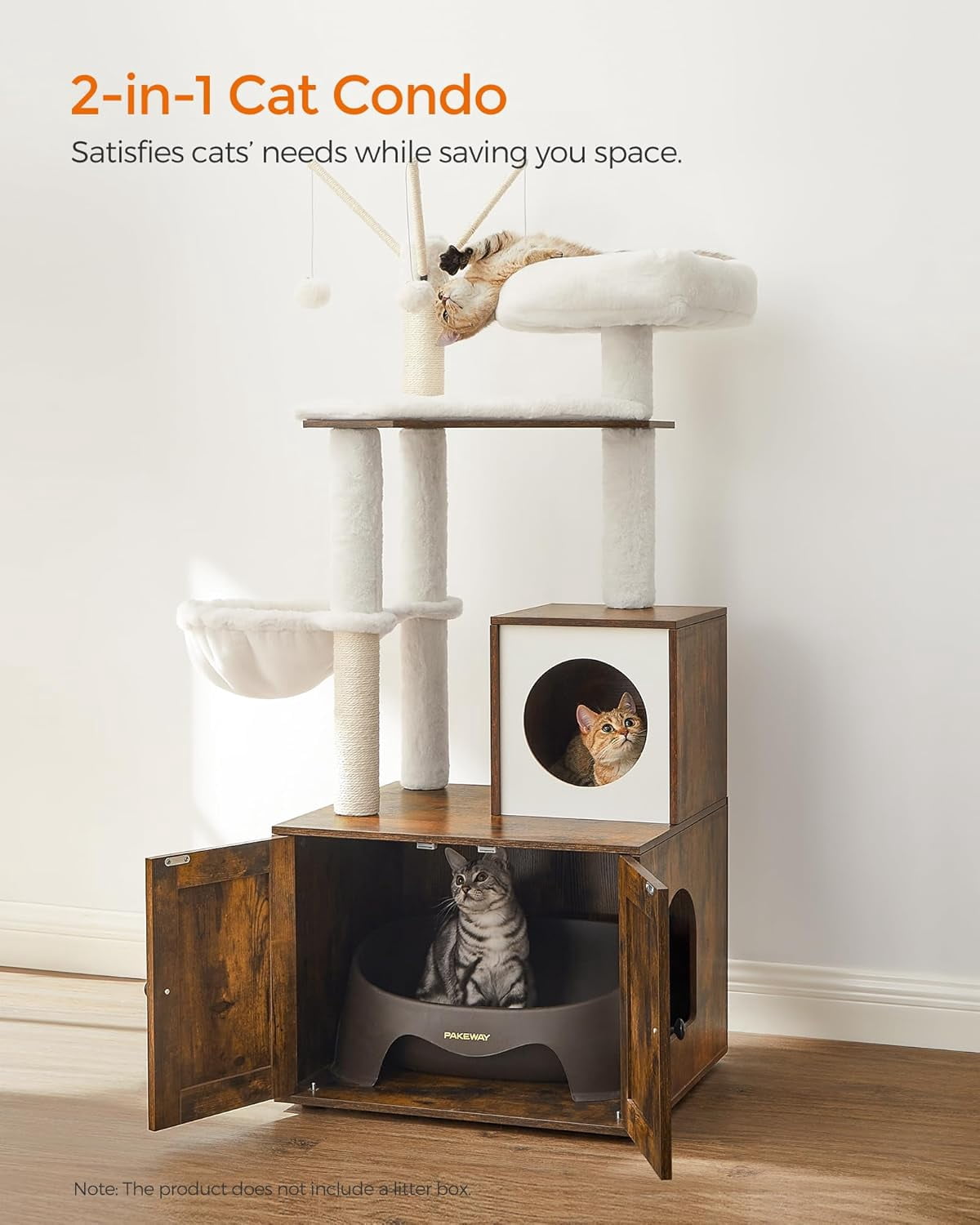 Favory Cat Tree with Litter Box Enclosure, 59-Inch Modern Cat Tower, 2-in-1 Condo with Scratching Posts, Washable Removable Cushion, Rustic Brown UPCT113X01