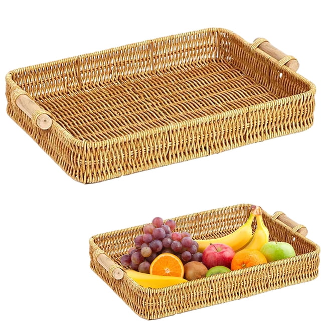 Rectangular Woven Bread and Fruit Basket,Rattan Serving Tray for Snacks,Tabletop Storage and Home Kitchen Display,Handcrafted Organizer,home organization,rattan fruit basket,Khaki,M
