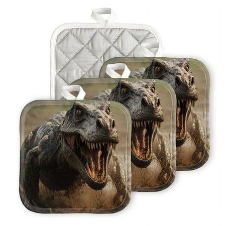 

Bahomeck Pot Holder 4Pcs Fierce Tyrannosaurus Rex Roaring In The Mud Square Heat Resistant Hot Pads For Kitchen Cooking Oven With Hanging Loop Potholder Easy To Store
