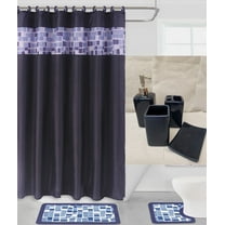 Complete bathroom set 19-Piece 2-rugs/mats non slip, 1 fabric shower curtain, 12 rings, 4pc matching ceramic accesories different styles and colors Stripe navy