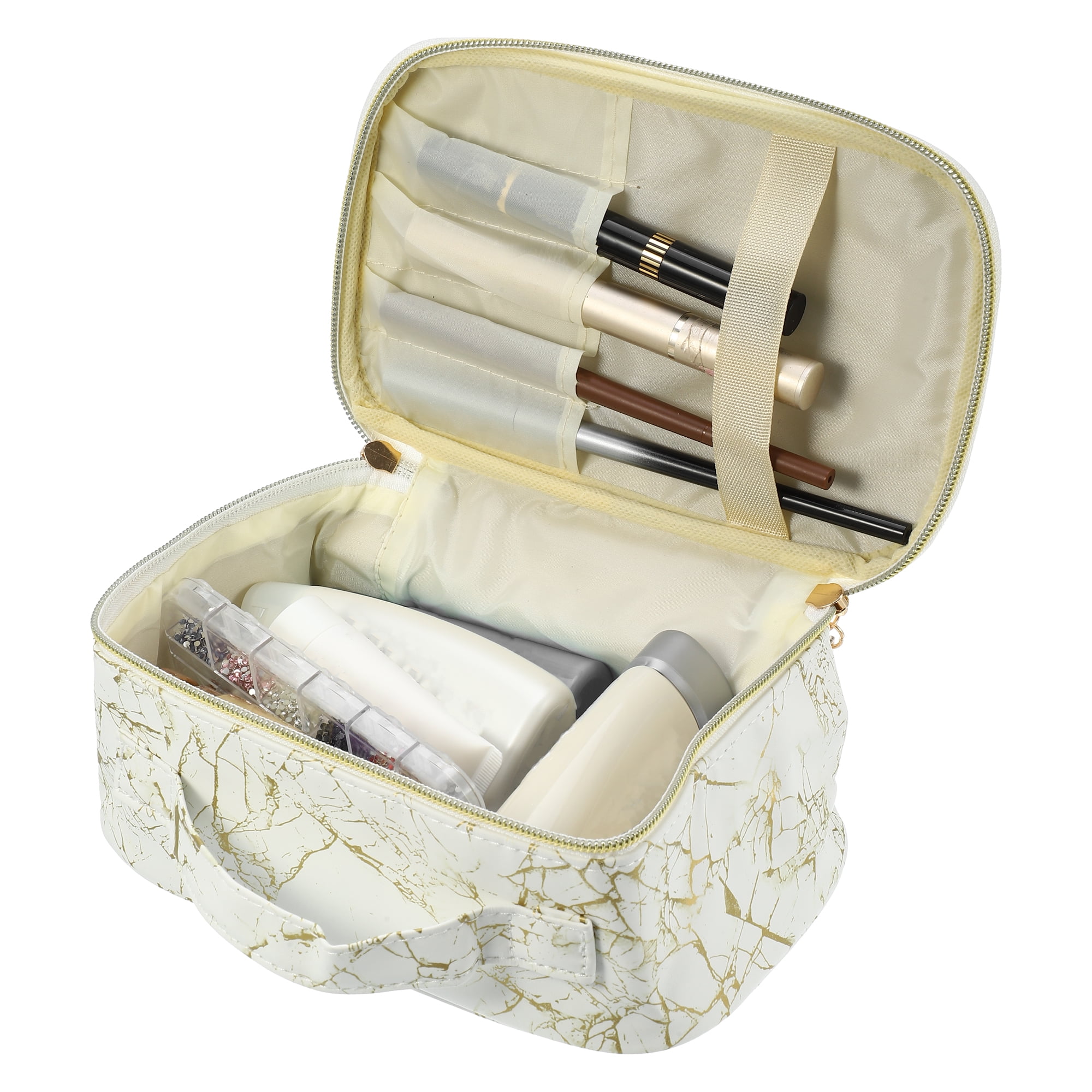 Unique Bargains Floral Makeup Bag Zipper Flower Cosmetic Pouch White, Gold Tone