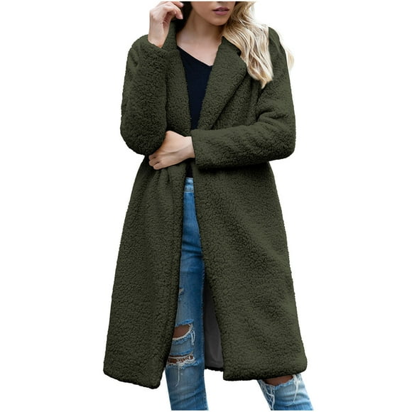 IROINID Women's Mid-Long Shearling Coat Notch Lapel Solid Color Long Sleeve Casual Ladies Warm Jacket Winter Lamb Woolen Outerwear, Army Green