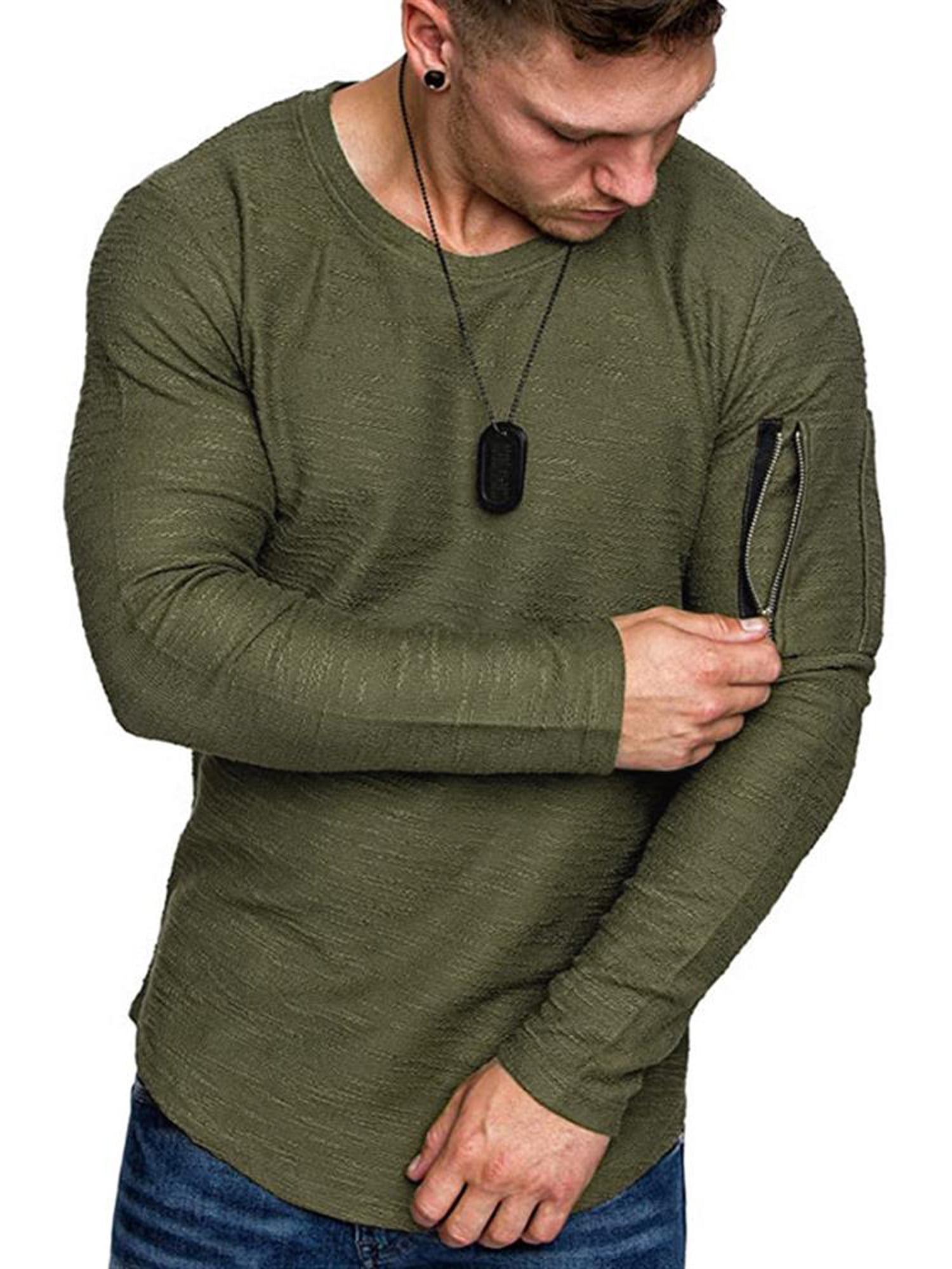 Wodstyle Men's Tops T-shirts Blouses Zipper Pockets Long Sleeve Crew Neck Casual Plain, Size: XL, Green