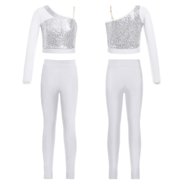 Sywiyi Costumes de Performance Jazz Hip Hop pour Filles Ensemble de Danse Ballet 2 Pcs 6-16 Ans Argent 8