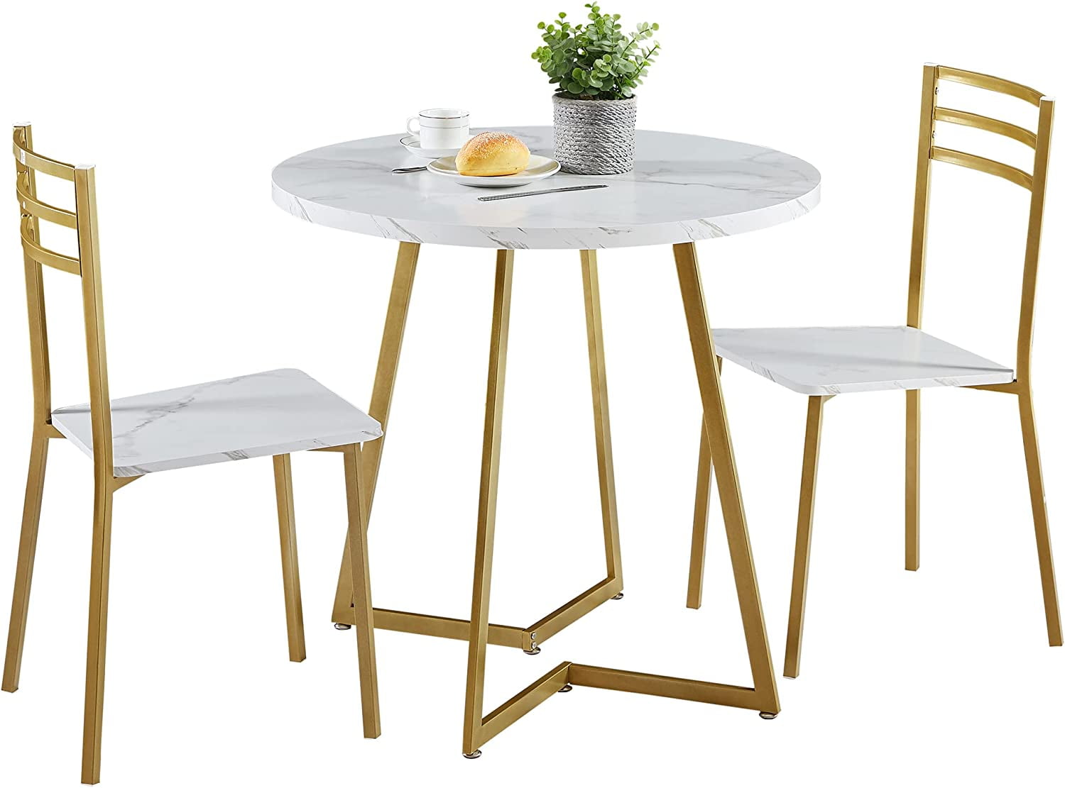 GUAIPOU Small Round Dining Table Set for 2, Wood Marbled Tabletop with