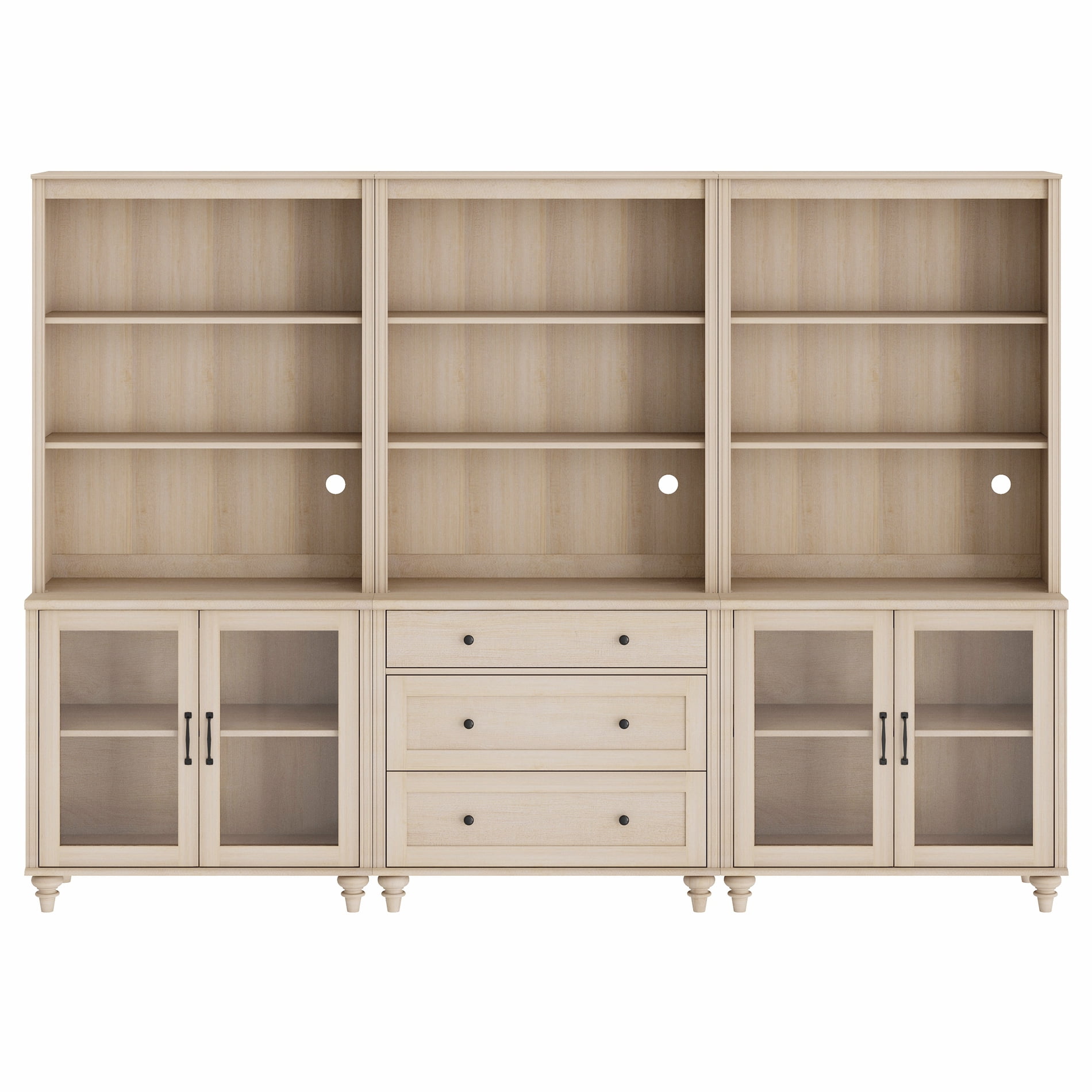 Farmhouse 5 Tier Bookcase With 4 Glass Doors and 3 Drawers, Beige, 101.6" W
