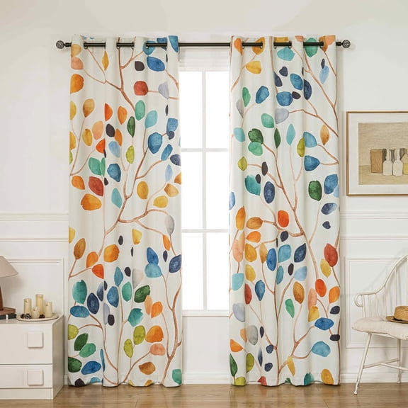 Boho Watercolor Leaf Floral Blackout Curtains, Colorful Bohemian Print Window Drapes, Grommet 2 Panels Set for Bedroom Living Room Home Decor, 52x84 Inch