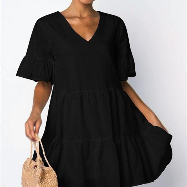 Nouvelle Robe Mignonne pour Femmes avec Poches Manches Cloche Ourlet à Volants Col en V Tunique Ample Mini Robe