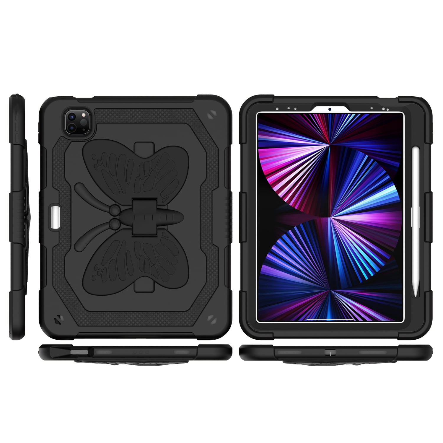 Case For Apple iPad Pro (11 inch) 2024 Butterfly Wings Kickstand Tough 3in1 Hybrid with Pencil Holder Rugged Shockproof with Shoulder Strap Tablet Cover [ Black ]