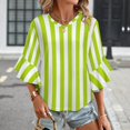 thumbnail image 3 of Bright Green And White Vertical Women's V-Neck Blouse With 3/4 Ruffled Bell Sleeves Casual Top Ladies Blouses, 3 of 7