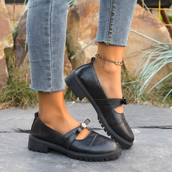 BLTIBY Mary Janes for Women Low Heel Chunky Buckle Loafers Spring Summer Business Casual Pumps Shoes Black 36