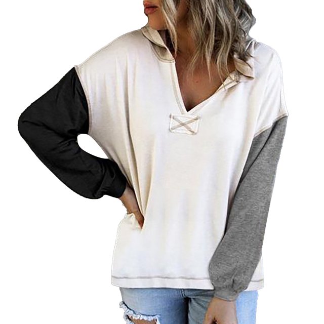 Sudadera elegante con hombros caídos y bloques de color para mujer - Sudadera con capucha y cuello en V negra XL