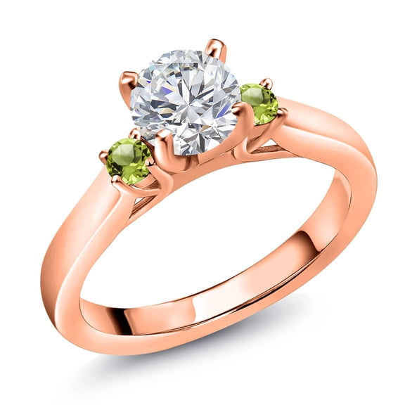 Gem Stone King 18K Rose Gold Plated Silver Lab Grown Diamond and Green Peridot Engagement Ring for Women | 0.88 Cttw | Round 6MM | Gemstone April Birthstone | Size 9