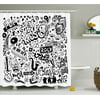 Doodle Shower Curtain, Music Collection with an Abstract Drawing Rock Jazz Blues Genre Classic Dancing, Fabric Bathroom Set with Hooks, 69W X 84L Inches Extra Long, Black White, by Ambesonne