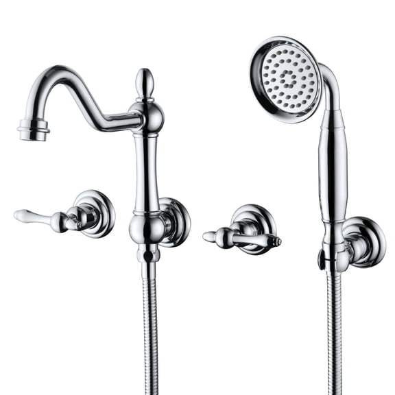 SUMERAIN Vintage Wall Mounted Bathtub Faucet with Hand Shower, High Flow Tub Filler with Rough-in Valve, Chrome