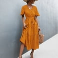 thumbnail image 3 of SWSMCLT Women's Vintage Fall Ruched Cotton Summer Dresses Long Sundress V Neck Short Sleeve Casual Dress Yellow Medium, 3 of 4