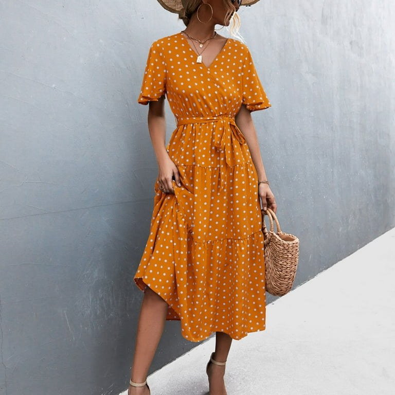 SWSMCLT Women's Vintage Fall Ruched Cotton Summer Dresses Long Sundress V  Neck Short Sleeve Casual Dress Yellow X-Large - Walmart.com