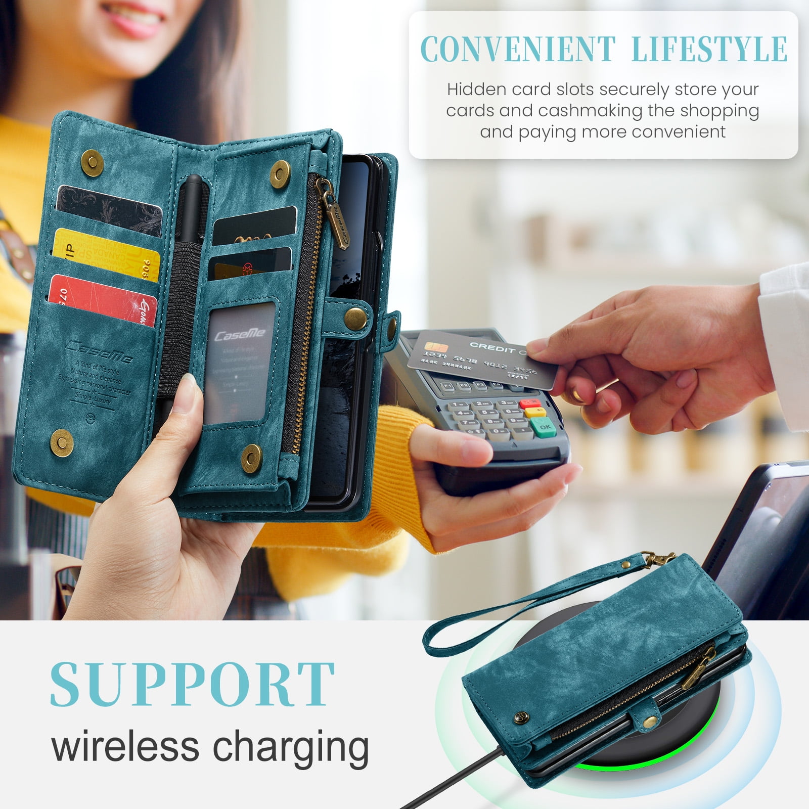 Feishell Durable 2- In-1 Magnetic Detachable Wallet Case for Samsung Galaxy Z Fold 7,for Women Men,Premium PU Leather Zipper Pocket Flip Multi Card Slots Purse Phone Case with Wrist Strap,Green