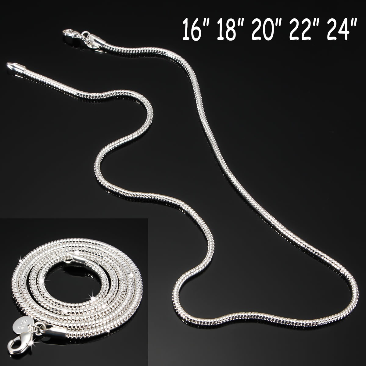 Double Accent 0.7mm Sterling Silver Italian Chain Necklace Round Snake Chain 16, 18, 20, 22, 24, 30 Inch 
