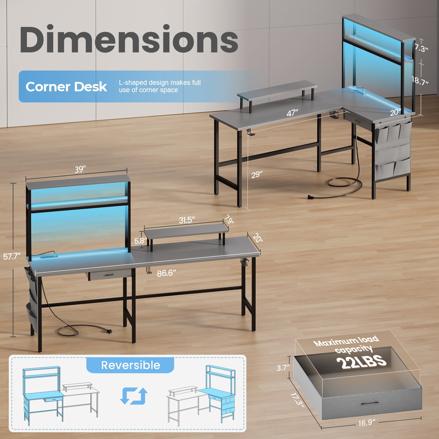 HLDIRECT L Shaped Gaming Desk with LED Light & Power Outlet, 67 Inch Reversible Corner Computer Desk with Storage Shelves & Drawer & Bag, Game Table with Hutch Monitor Stand, Gray