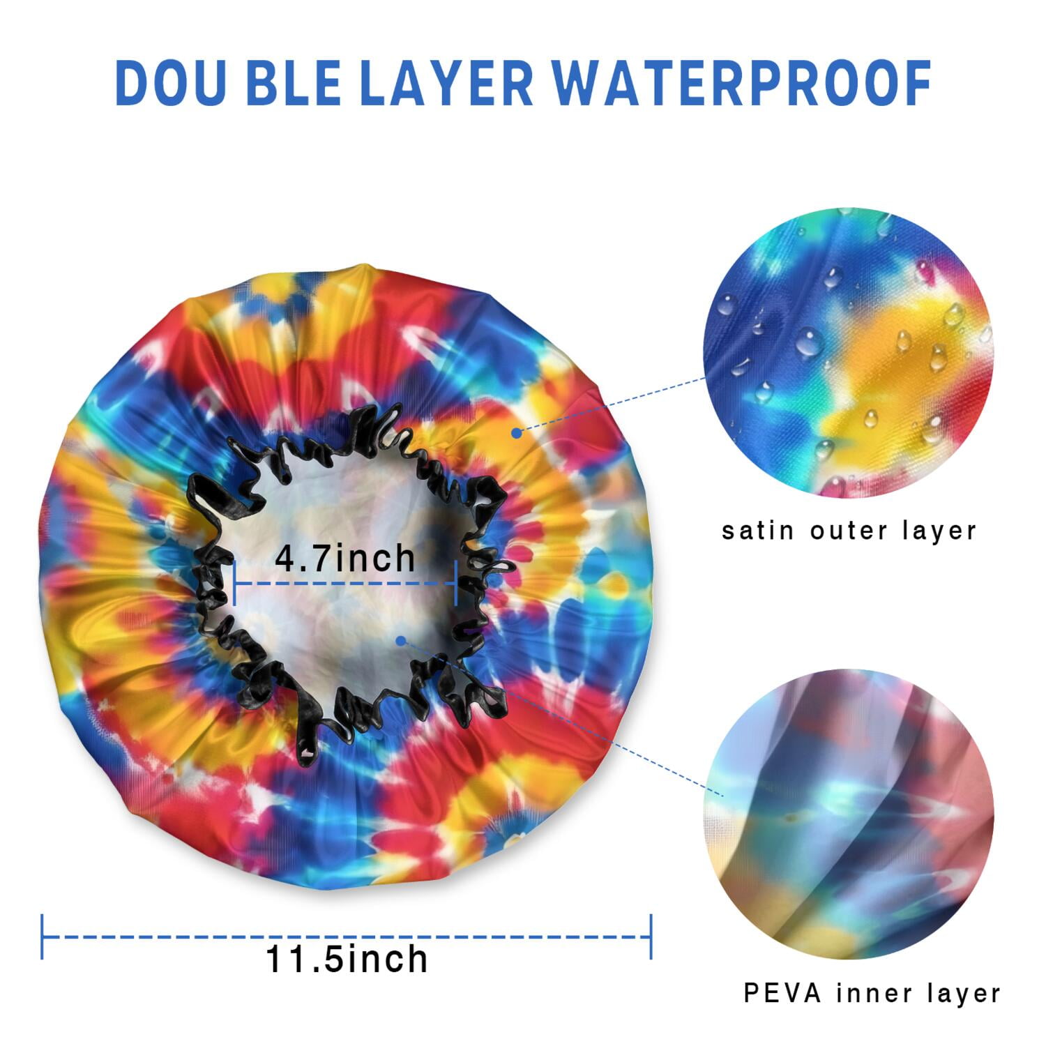 Shower Caps,Colorful Tie Dye Multi Spiral Pattern Waterproof Shower Cap for Women 4 Pieces,Double Reusable Hair Cover for Shower PEVA Elastic Stretch Hem