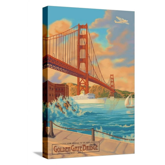 Art.com Golden Gate Bridge Sunset - 75th Anniversary - San Francisco, CA Stretched Canvas Print Wall Art by Lantern Press, 12" x 18"