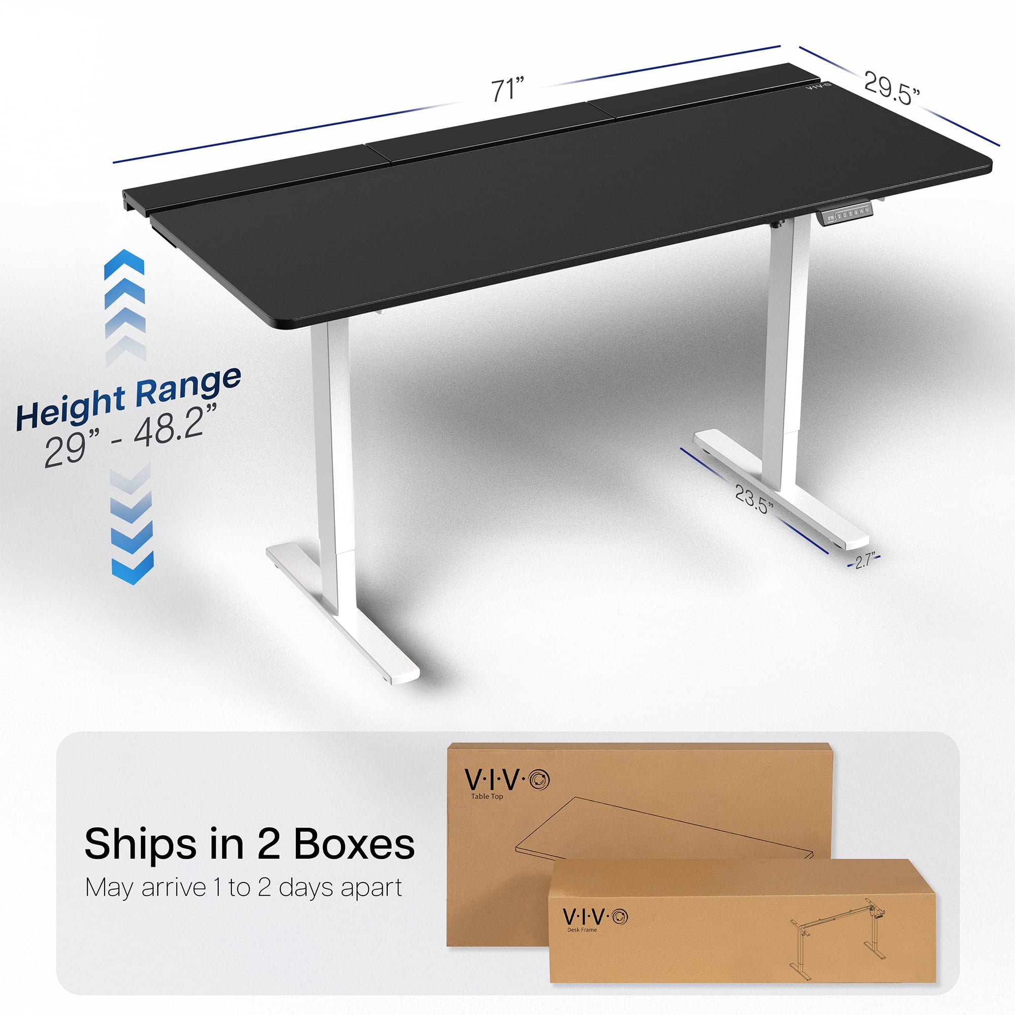 VIVO Electric 71" x 30" Desk, Full Pad, Black Hidden Cable Tabletop, White Frame
