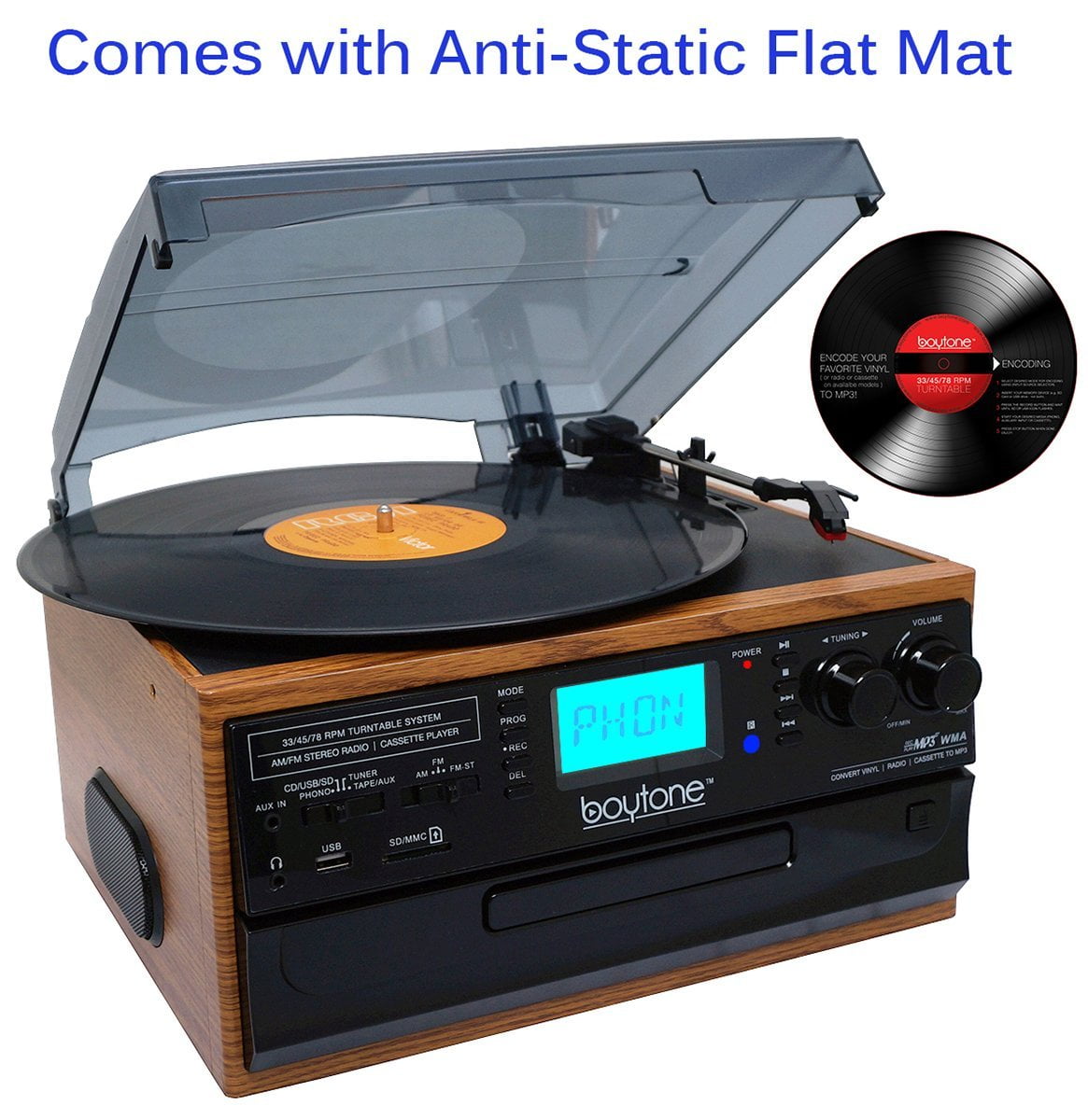 Boytone BT IN  OUT Classic Style Record Player Turntable with AM/FM Radio, Cassette  Player, CD Player, Separate Stereo Speakers, Record Vinyl, Radio, Cassette  to MP3, SD Slot, USB, AUX