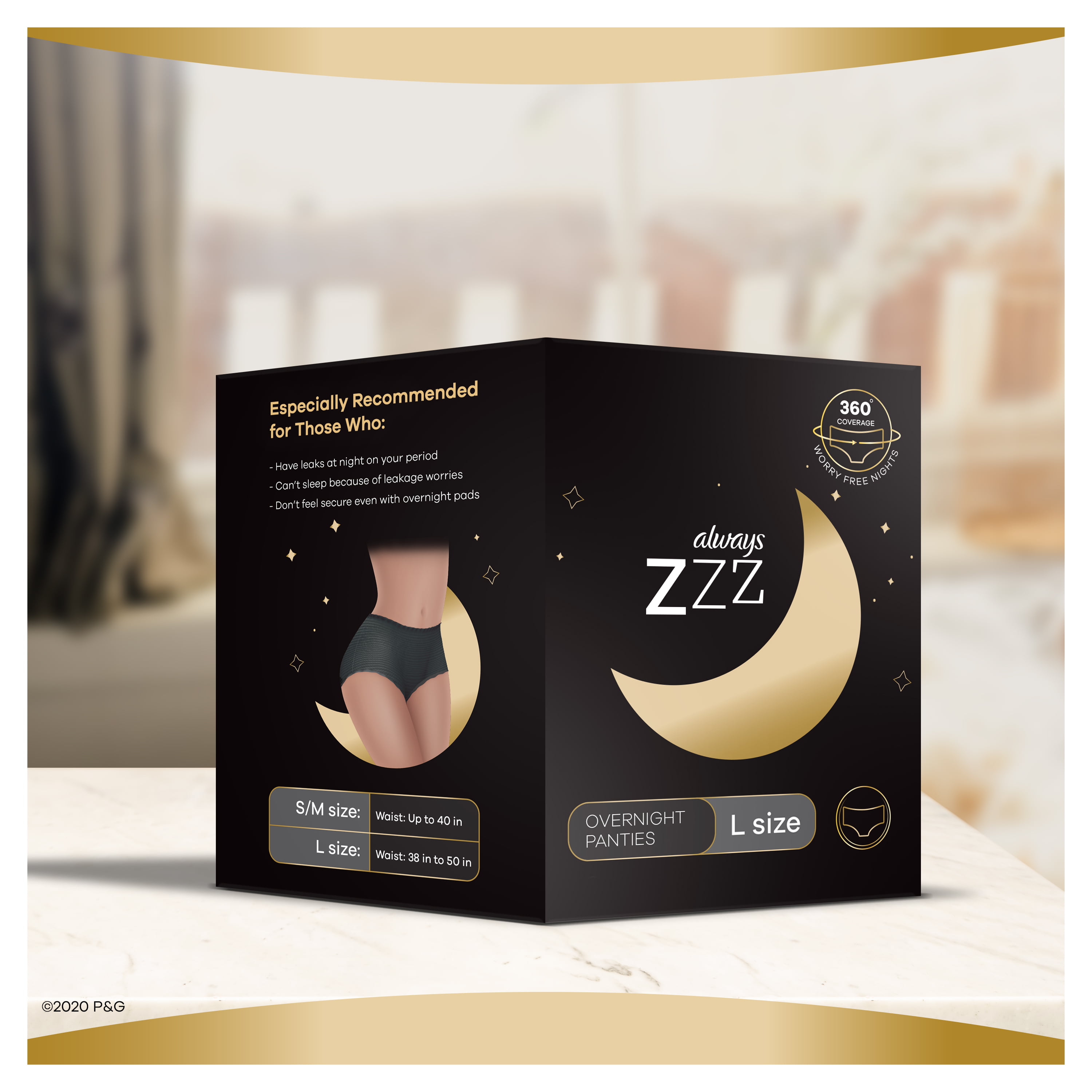 Always Zzzs Overnight Disposable Period Underwear for Women, Black Period  Panties, Leakproof, Large/X- Large, 14 Count