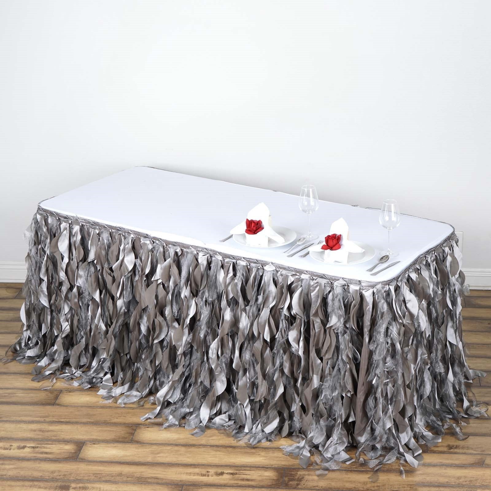 21 ft White CURLY TAFFETA TABLE SKIRT Wedding Party Catering Trade Show Banquet 