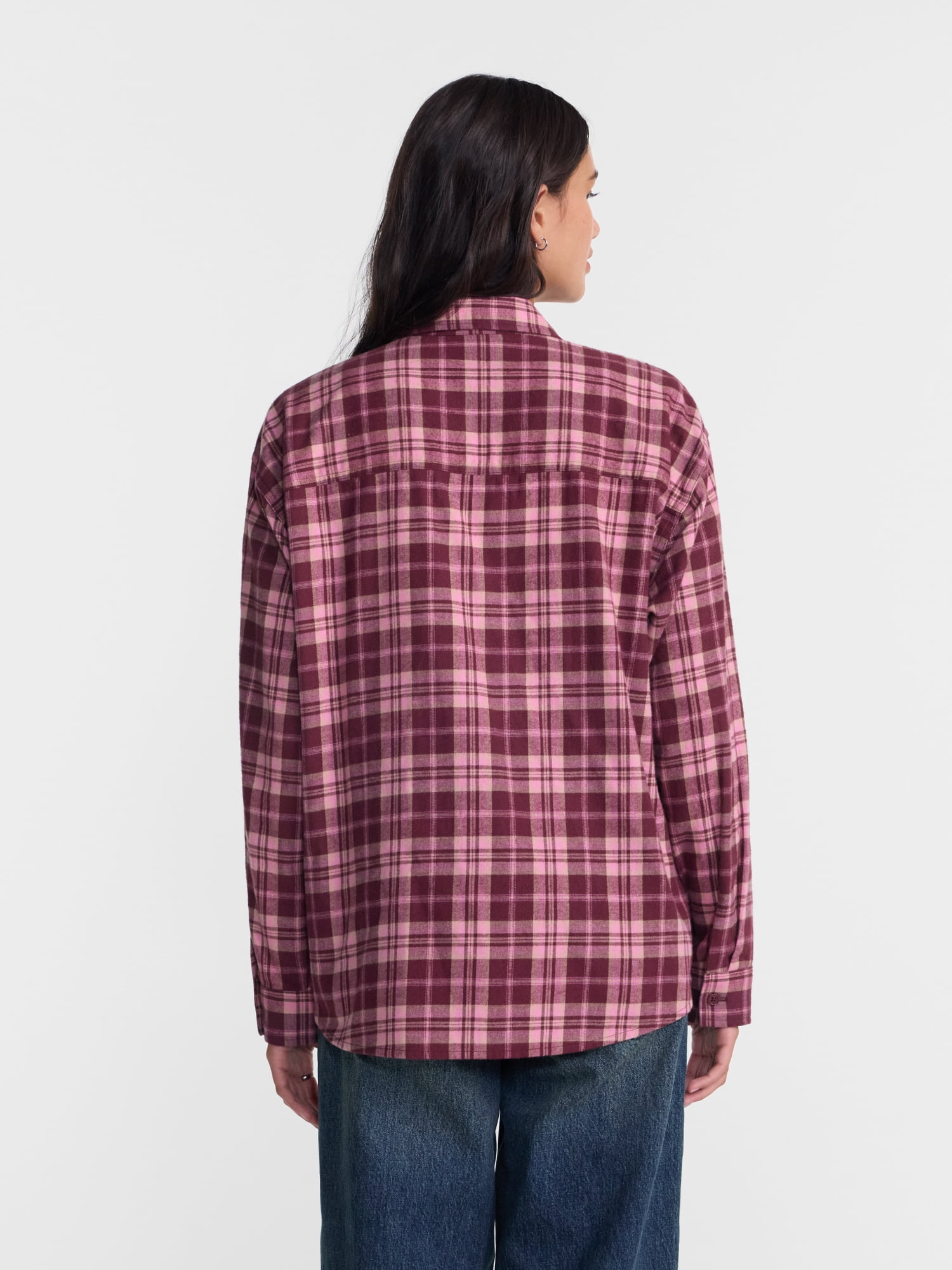 No Boundaries Plaid Flannel Shirt with Long Sleeves, Women's XXS-XXL