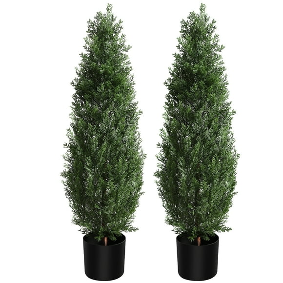 Realistic UV Resistant Artificial Cedar Topiary Trees Set – Boxwood Style Faux Plants in Pots, Indoor Outdoor Home Decor, Low Maintenance, Ideal for Porch, Garden, Front Door – Set of 2