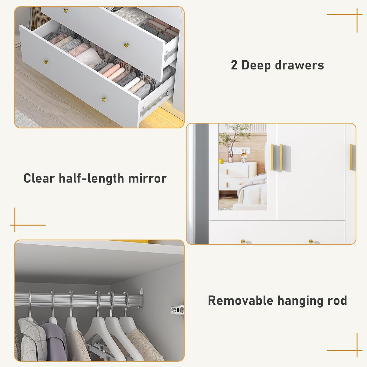 3 Doors Armoire Wardrobe Closet with Mirror and LED Lights, Armoire with Doors and Drawers, Modern Wooden Armoire Wardrobe Closet with Hanging Rod for Bedroom