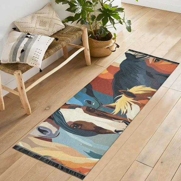 Runner Rug 2'x6' Hallway Area Rugs Horses Vintage Non Slip Entryway Runner Carpet with Tassels Living Room Bedroom